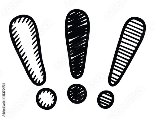 Three hand drawn exclamation marks with different textures suggesting importance or emphasis in design projects and communication