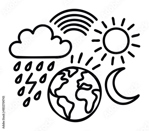 Stylized collection of weather phenomena and celestial bodies orbiting planet Earth, ideal for educational or environmental themes.