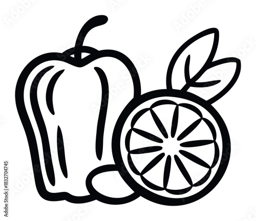 Simple black and white graphic depiction of a bell pepper alongside a citrus slice with leaves, perfect for healthy food and recipe content.