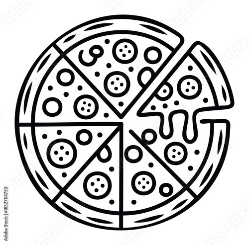 Bold outline graphic of a delicious sliced pizza with pepperoni and dripping cheese, perfect for food menus, restaurant marketing, and culinary websites.