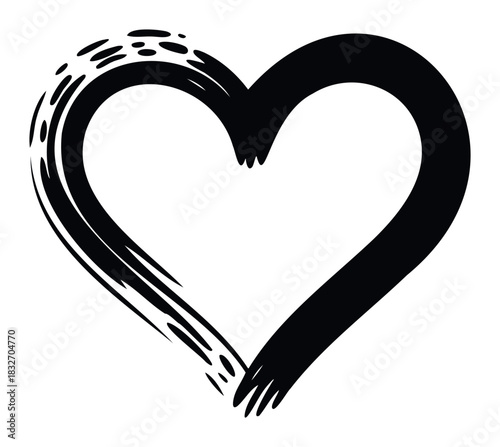 Hand drawn black heart shape with a dynamic splash effect on the left side, perfect for graphic overlays, symbol use and love related themes