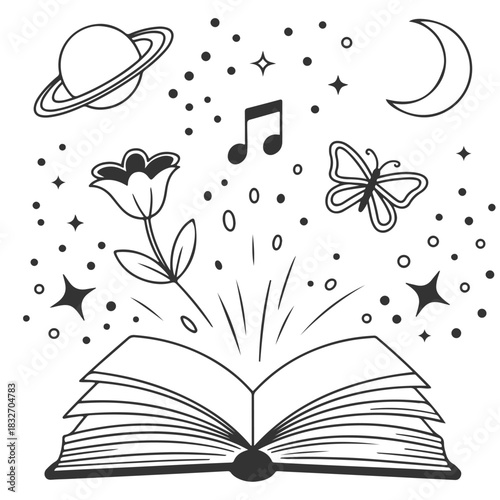 an open book with music notes and stars