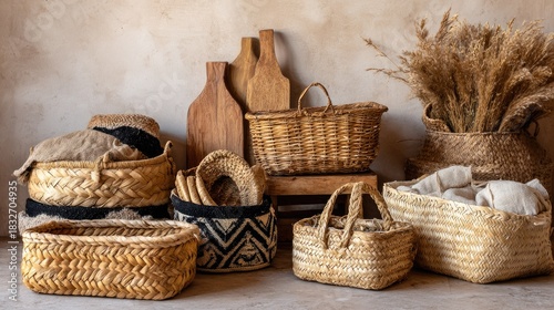 Assortment of handcrafted woven storage containers and wooden cutting boards displayed against a neutral wall