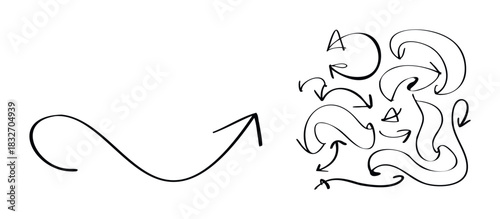 Collection of hand drawn sketchy arrows pointing in various directions symbolizing choices and movement, ideal for infographics and presentations
