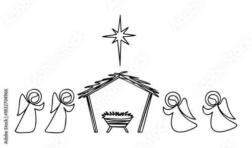 Nativity scene with angels and star, a symbolic representation of Christmas, perfect for religious celebrations and greeting cards.