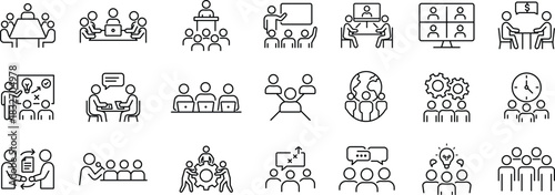 Business Teamwork & Collaboration Line Icon Set. Office Communication, Team Management, Meeting, Office Activities, Strategy, Planning, Leadership, Training, Presentation Outline Icons