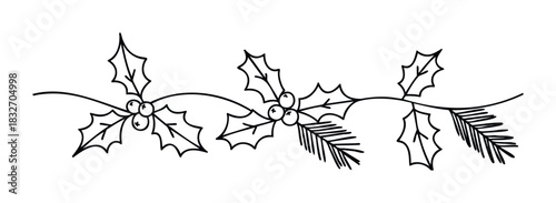 Festive holly and pine branch garland decoration for winter holiday celebrations and Christmas themed projects