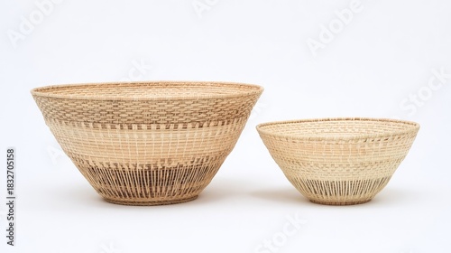 Two handwoven coiled baskets display distinct natural fiber patterns against a white background
