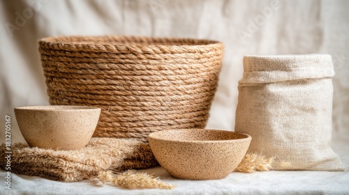 Natural material storage and serving items arranged on a pale surface