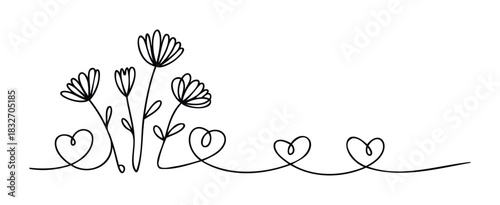 Delicate line drawing of wildflowers with connected hearts along the bottom, perfect for wedding invitations, greeting cards, or romantic graphic usage