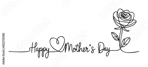 Continuous line drawing of a rose with Happy Mothers Day text and heart, perfect for greeting cards and celebration decor.