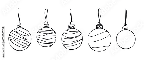 Collection of five handdrawn Christmas ornaments with varying line patterns, perfect for holiday greetings and festive decorations.