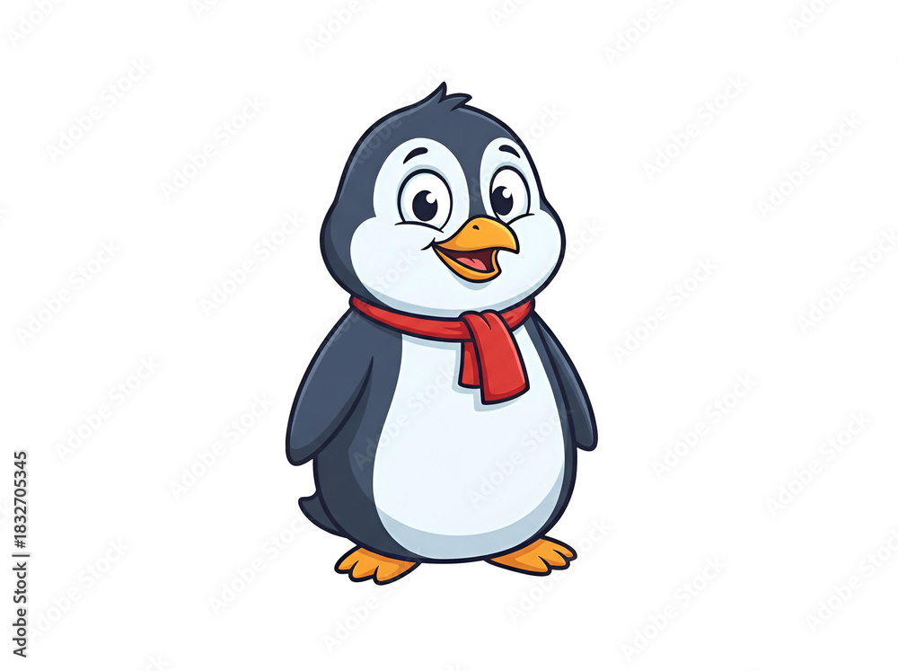 Obraz premium Cute cartoon penguin wearing a red scarf with a cheerful expression and open beak on a transparent background