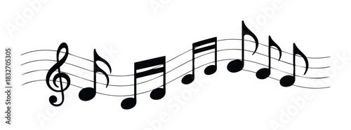 Melody of black musical notes and treble clef on staff lines, perfect for music education materials, symphony concert promotion, or creative sound projects.
