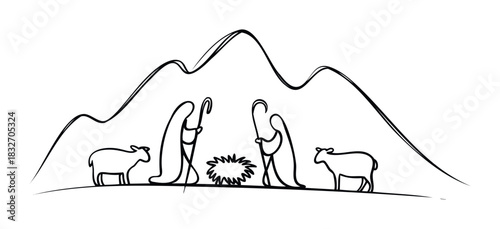 Minimalist line drawing depicting a nativity scene with Mary, Joseph, sheep, and a manger under stylized mountains, perfect for religious holidays and greetings.