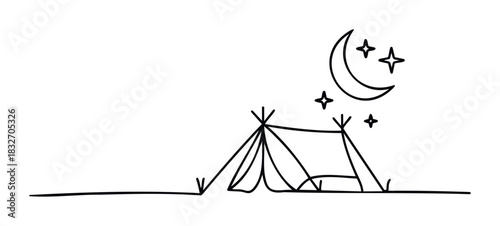 Simple line drawing of a tent under a crescent moon and stars, perfect for outdoor adventures, camping themes, and seasonal greetings.