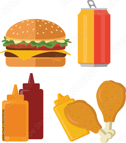 Flat style fast food set, cheeseburger, soda can, condiment bottles, and fried chicken legs vector