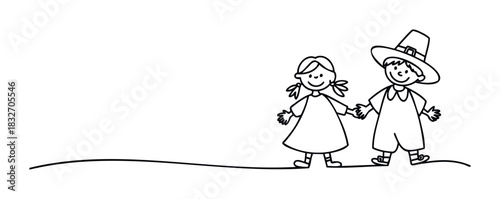 Line drawing of diverse young children holding hands representing friendship and childhood fun, ideal for educational materials and stories about togetherness.