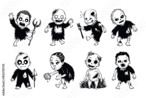 Collection of spooky cartoon zombies, monstrous characters with torn clothes and vacant eyes, perfect for horror themes and Halloween promotions.