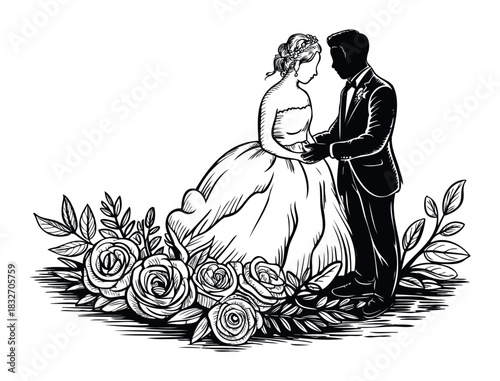 Romantic silhouette of a bride and groom holding hands surrounded by roses and leaves, perfect for wedding invitations, announcements, and romantic event themes