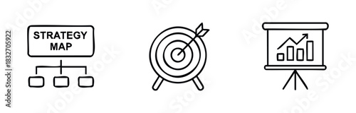 Business strategy icons featuring a mind map, a bullseye target with an arrow, and a presentation chart showing growth, perfect for corporate presentations and digital marketing.
