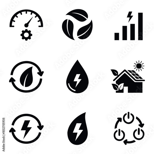 Collection of renewable energy and environmental icons representing sustainability, efficiency, and power generation for ecofriendly concepts and technology.
