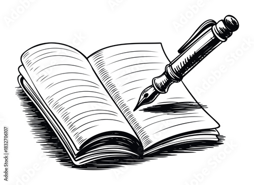 Open notebook with fountain pen poised to write, symbolizing education, creativity, and business writing, perfect for academic or professional communication concepts.