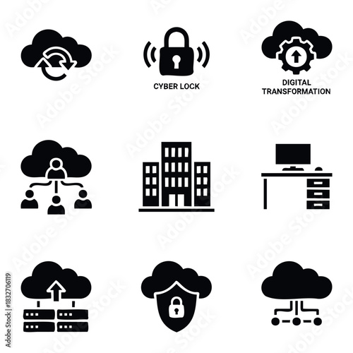 Collection of nine black and white icons representing cloud computing, security, data, and office work, ideal for web and application interfaces conveying technology and business concepts.