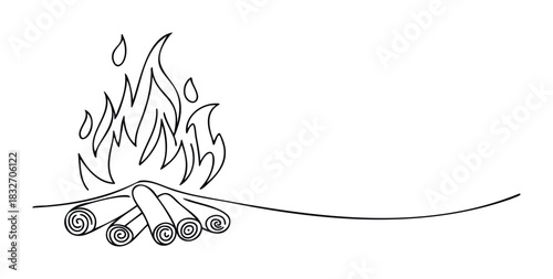 Simple line drawing of a campfire with logs and flames, perfect for outdoor themes, camping, or a cozy atmosphere concept in media projects.