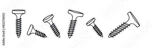 Collection of black line drawing screws at various angles perfect for construction and repair visual concepts representing hardware and DIY projects