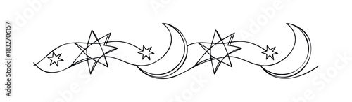 Whimsical celestial border design featuring crescent moons and stars flowing on wavy lines, perfect for night sky themes and fantasy decor projects.
