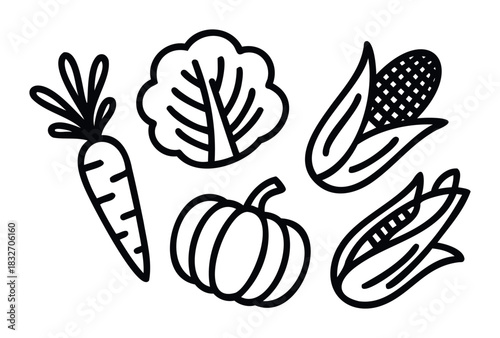 Fresh vegetables including carrot, lettuce, pumpkin, and corn on the cob for healthy eating and harvest themes, perfect for grocery stores and recipe books.