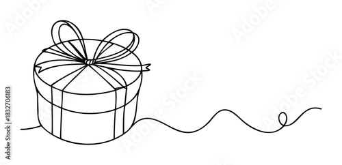 Simple line drawing of a round gift box with a ribbon and bow, perfect for celebrations, birthdays, and holiday themes, evoking a sense of joy and surprise for your next project.