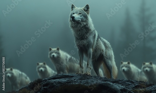 Majestic alpha wolf stands on rock, leading its pack in misty wilderness
