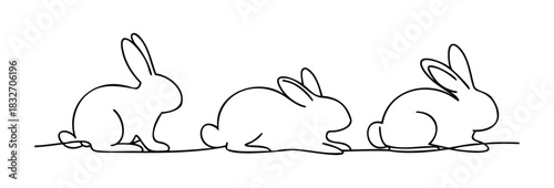 Three adorable line art bunnies sitting in a row, perfect for Easter greetings, spring themes, and childrens projects needing a cute and simple graphic.