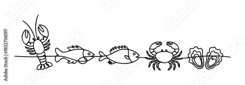 Line drawing of seafood including a lobster, fish, crab, and oysters connected sequentially for culinary themes or seafood restaurant advertising