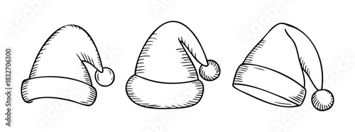 Three hand drawn Santa hats in black ink on a white background, perfect for holiday themes and seasonal celebrations for use in greetings and design projects.