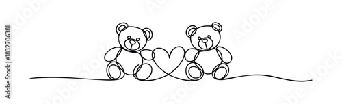 Two teddy bears connected by a heart symbol in a single continuous line formation, perfect for romance or friendship themed projects and gift applications.
