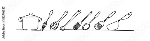Continuous line drawing of kitchen utensils including a pot and various spoons and whisks, perfect for culinary themes and cooking content.