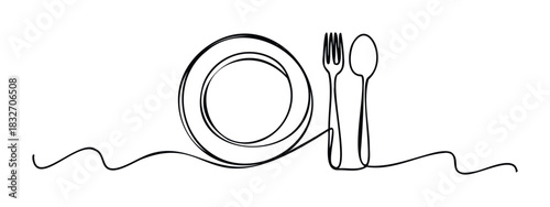 Minimalist single line drawing of a plate with fork and spoon, perfect for restaurant menus, food blogs, and culinary branding applications representing dining and meals.
