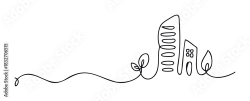 Minimalist single line drawing of abstract cityscape with leaves and buildings, perfect for architectural concepts, urban planning ideas, and ecofriendly city themes.