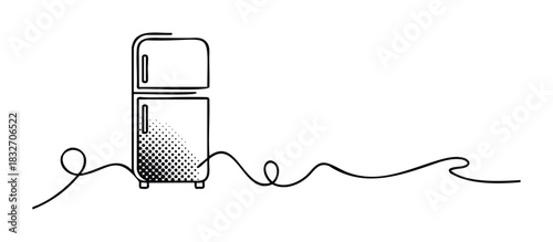 Line drawing of a classic twodoor refrigerator with a coiled power cord extending to the side, perfect for home appliance advertising or kitchen decor concepts.