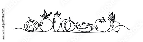 Continuous line drawing of assorted fresh vegetables including onion, beet, cucumber, tomato, and radish perfect for healthy eating or food service promotion visuals