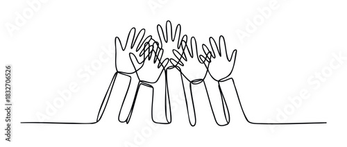 Minimalist single line drawing of multiple raised hands symbolizing unity teamwork and support for concepts like community engagement and collaboration in a graphic presentation