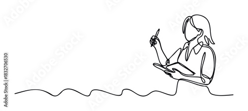 Minimalist continuous line drawing of a person holding a pen and book, conveying education, learning, and organization, perfect for study or corporate presentation materials.