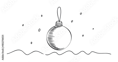 Hand drawn sketch of a festive Christmas ornament hanging above a wavy line, representing snow or ground, perfect for holiday greetings and seasonal promotions.