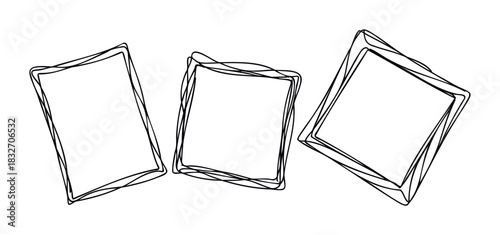 Three hand drawn, irregular square frames with a sketchy outline are arranged across a white background, perfect for adding a unique touch to graphic projects and visual compositions.