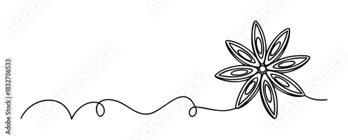Single line drawing of star anise spice with flowing wavy line, perfect for food branding, culinary websites, and graphic projects needing a natural touch.