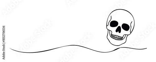 Simple black line drawing of a skull with empty eye sockets and teeth, connected by a wavy line, suitable for graphic projects and thematic presentations.