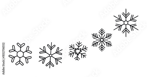 Collection of five distinct snowflake icons presented in a sweeping arc for winter holiday and seasonal event promotions